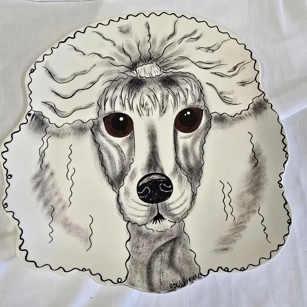 Dogs By Nina Lyman White Poodle Ceramic Serving Platter Tray Art Scalloped Rare